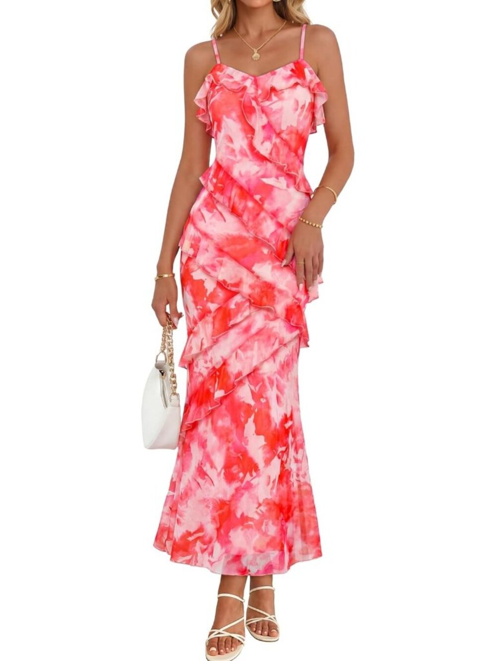 Women's Pink Shoulder Sleeve V Neck High Waist Backless Wedding Dress